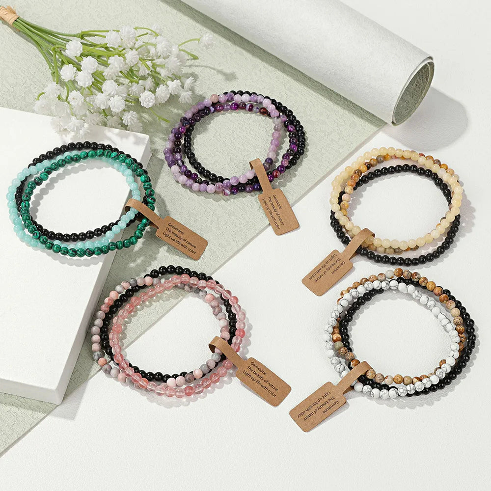 Olivenorma 3Pcs 4mm Natural Stone Beaded Bracelet Set