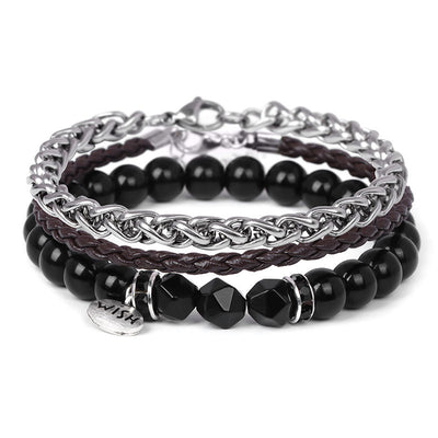 Olivenorma 3pcs Metal Bead Braided Leather Bracelet Set