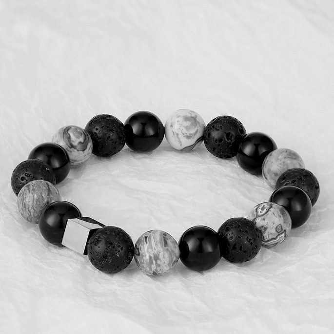 Olivenorma Black Onyx Gray Jasper Cube Beaded Men Bracelet