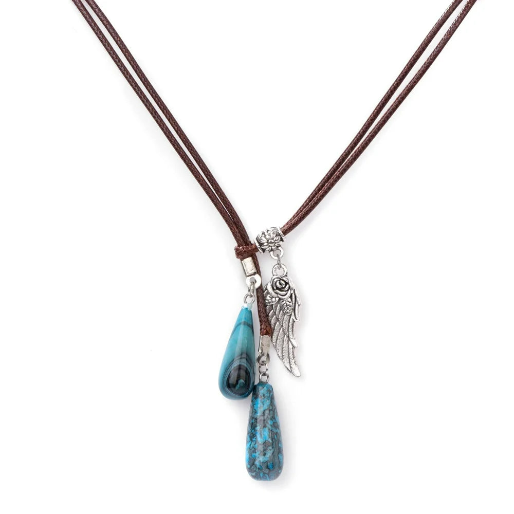 Olivenorma Leather Rope Wings Natural Stone Drop Pendant Necklace