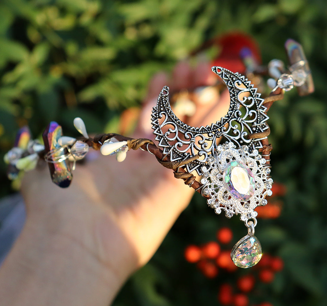 Olivenorma Natural Crystal Stone Wiccan Moon Wreath Crystal Crown - Electroplated Crystal&Moon Water Drop Pendant - image 14