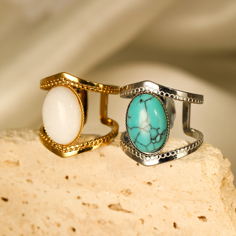 Olivenorma Turquoise White Jade Stainless Steel Opening Adjustable Ring