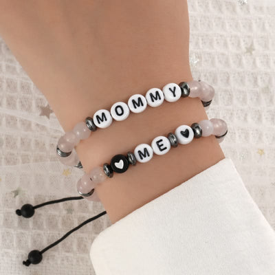 Olivenorma "MOM" Clear Crystal Hematite Beaded Bracelet Set