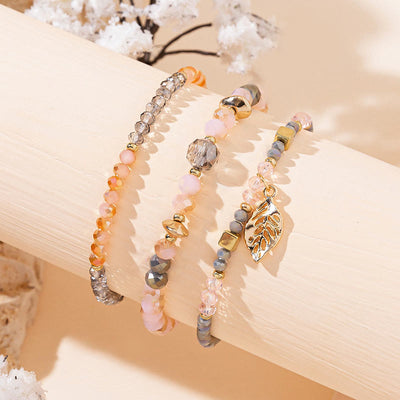 Olivenorma Crystal Beaded Gold Leaf Pendant Three Layer Bracelet Set