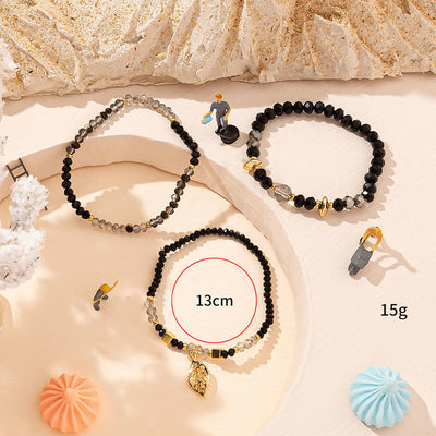 Olivenorma Crystal Beaded Gold Leaf Pendant Three Layer Bracelet Set