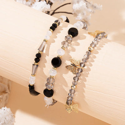 Olivenorma Crystal Beaded Gold Butterfly Pendant Three Layer Bracelet Set