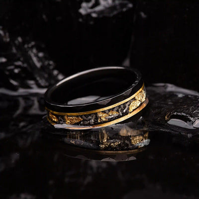 Olivenorma Gold Leaf Black Meteorite Tungsten Ring