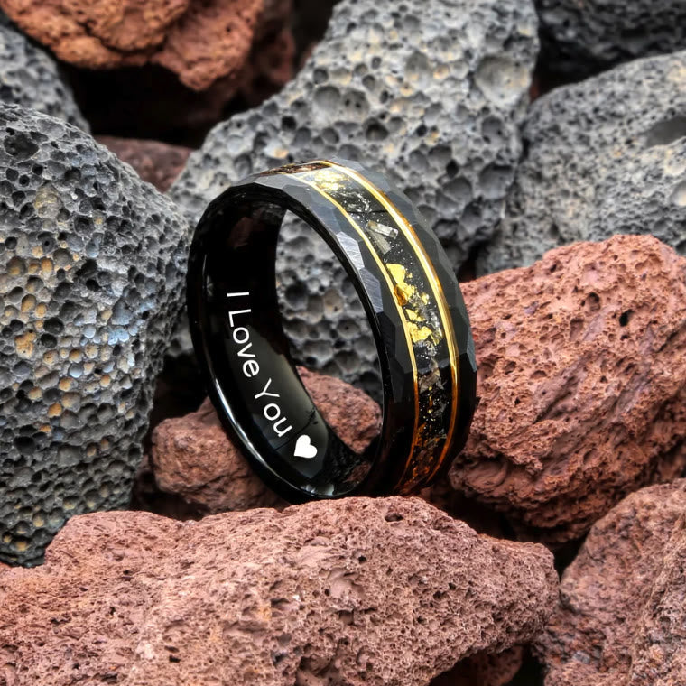 Olivenorma Gold Leaf Black Meteorite Tungsten Ring