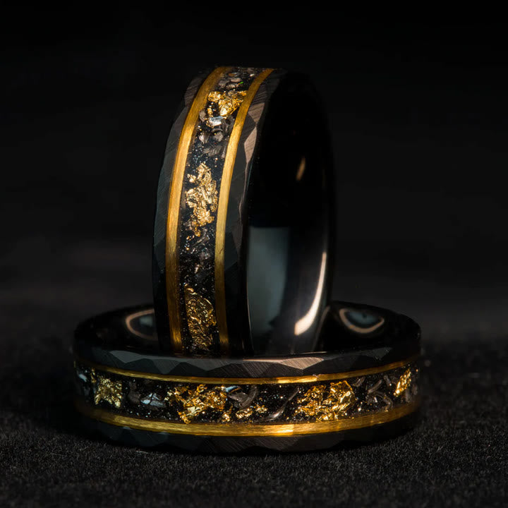 Olivenorma Gold Leaf Black Meteorite Tungsten Ring