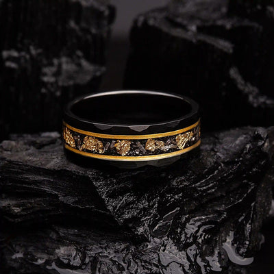 Olivenorma Gold Leaf Black Meteorite Tungsten Ring