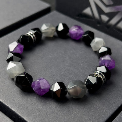 Olivenorma Men Geometric Facets Amethyst Cloud Quartz Beads Bracelet