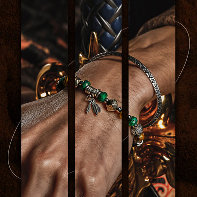 Olivenorma Men Tiger Eye Malachite Feather Pendant Beads Bracelet