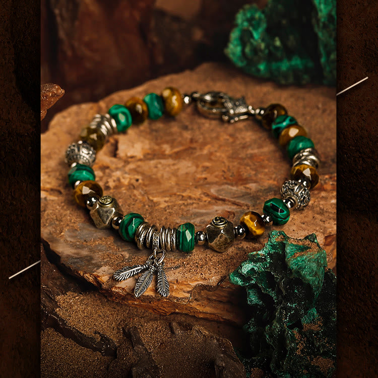 Olivenorma Men Tiger Eye Malachite Feather Pendant Beads Bracelet