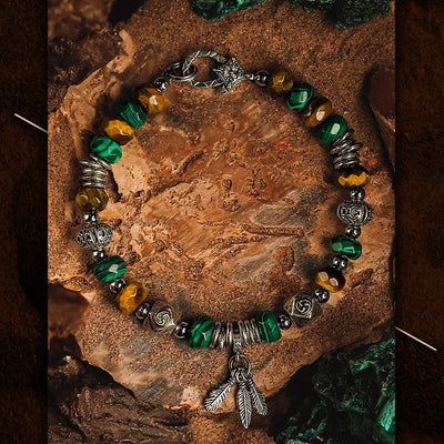 Olivenorma Men Tiger Eye Malachite Feather Pendant Beads Bracelet