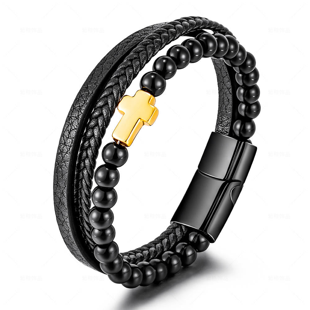 Olivenorma Tiger Eye Cross Stainless Steel Braided Leather Bracelet