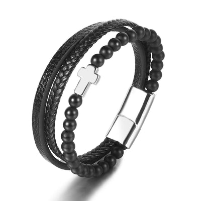 Olivenorma Tiger Eye Cross Stainless Steel Braided Leather Bracelet