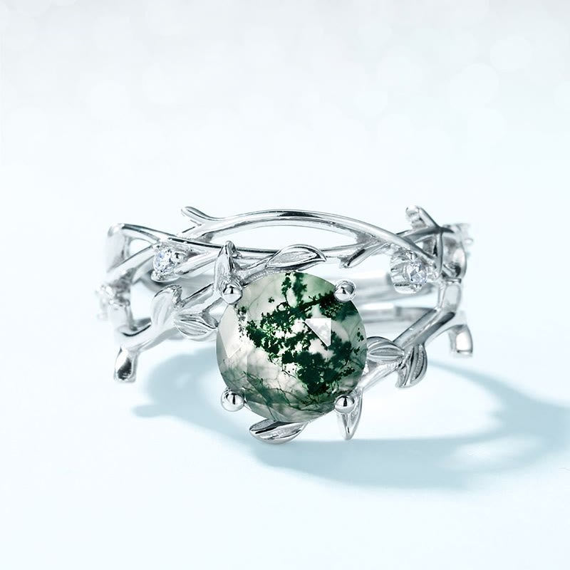 Olivenorma 2Pcs Moss Agate Leaf Vine S925 Silver Ring