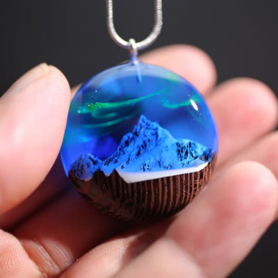 Olivenorma Snow Mountain Aurora Resin Wood Round Pendant Necklace