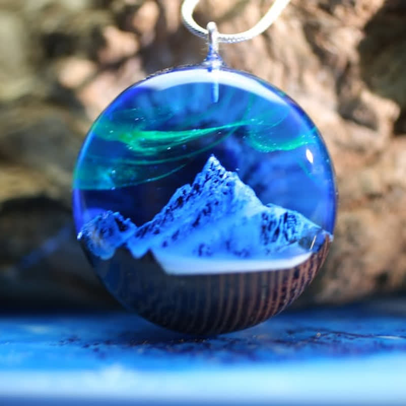 Olivenorma Snow Mountain Aurora Resin Wood Round Pendant Necklace