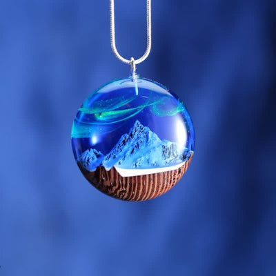 Olivenorma Snow Mountain Aurora Resin Wood Round Pendant Necklace