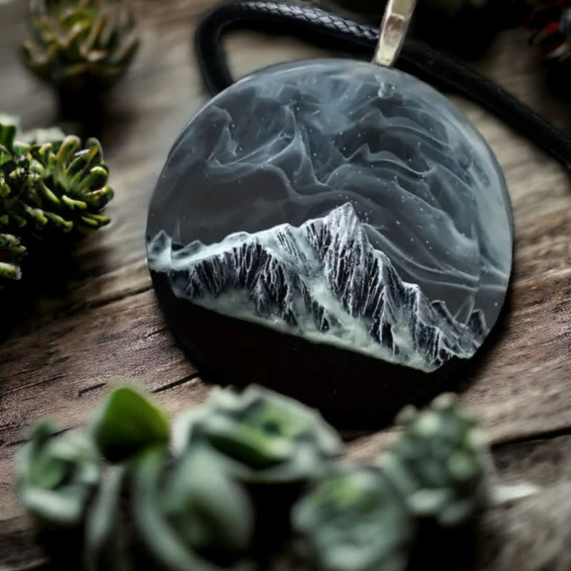 Olivenorma Gray Snow Mountain Aurora Resin Round Pendant Necklace