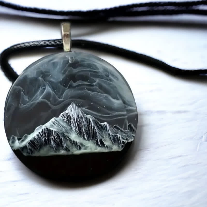 Olivenorma Gray Snow Mountain Aurora Resin Round Pendant Necklace