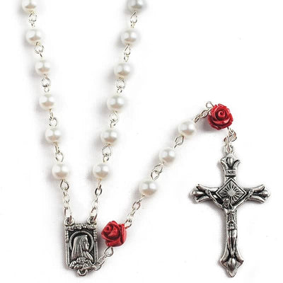 Olivenorma White Glass Beads Red Rose Rosary Necklace