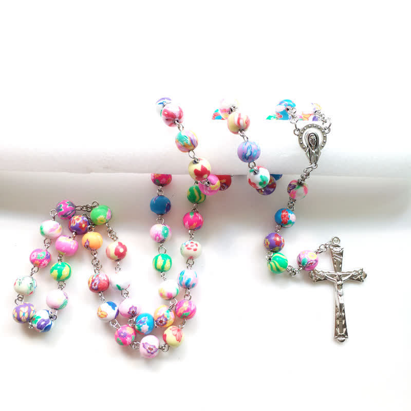 Olivenorma Color Polymer Clay Beads Cross Rosary Necklace