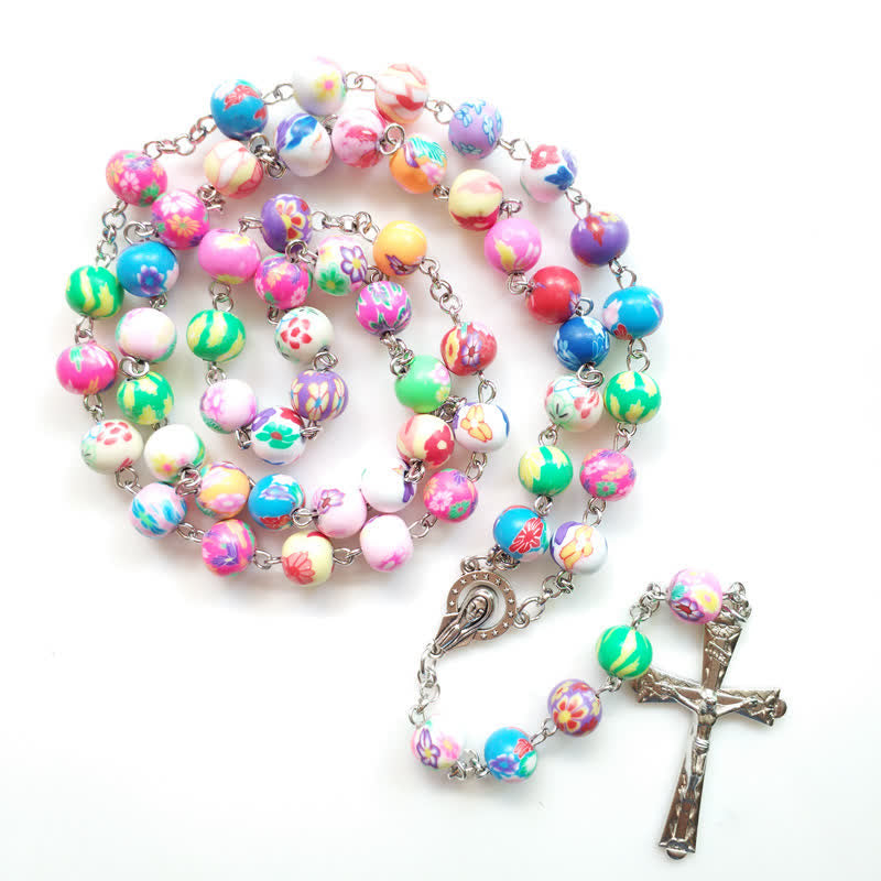 Olivenorma Color Polymer Clay Beads Cross Rosary Necklace