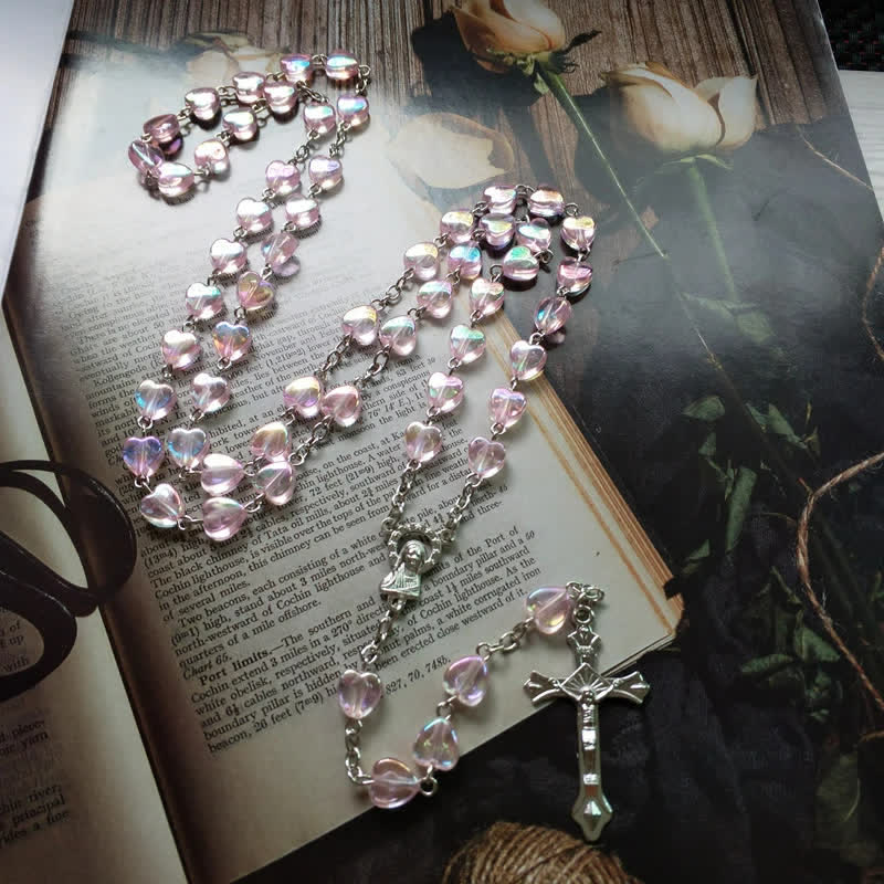 Olivenorma Pink Acrylic Heart Beaded Cross Rosary Necklace