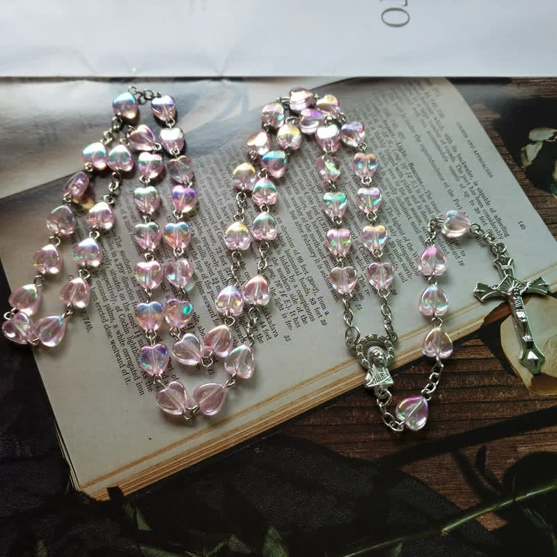 Olivenorma Pink Acrylic Heart Beaded Cross Rosary Necklace