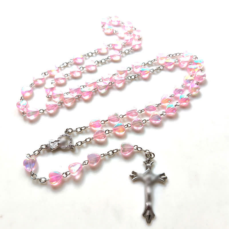 Olivenorma Pink Acrylic Heart Beaded Cross Rosary Necklace