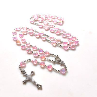 Olivenorma Pink Acrylic Heart Beaded Cross Rosary Necklace