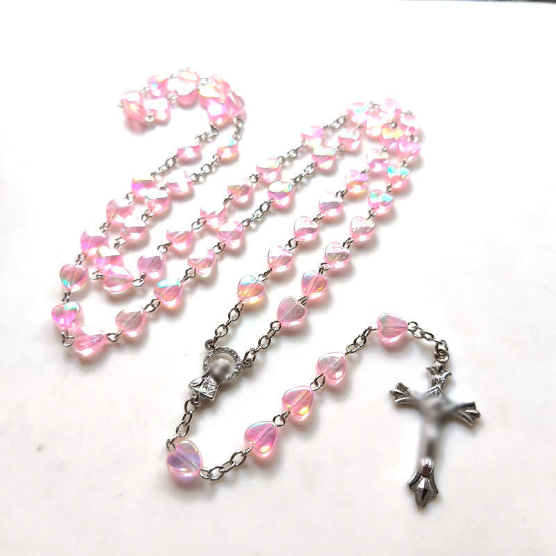 Olivenorma Pink Acrylic Heart Beaded Cross Rosary Necklace