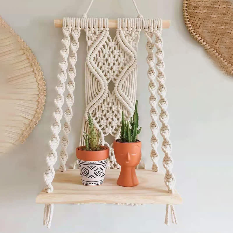 Olivenorma Handwoven Tapestry Wood Shelf Wall Decor