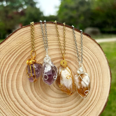 Olivenorma Natural Crystal Hand Winding Pouch Necklace