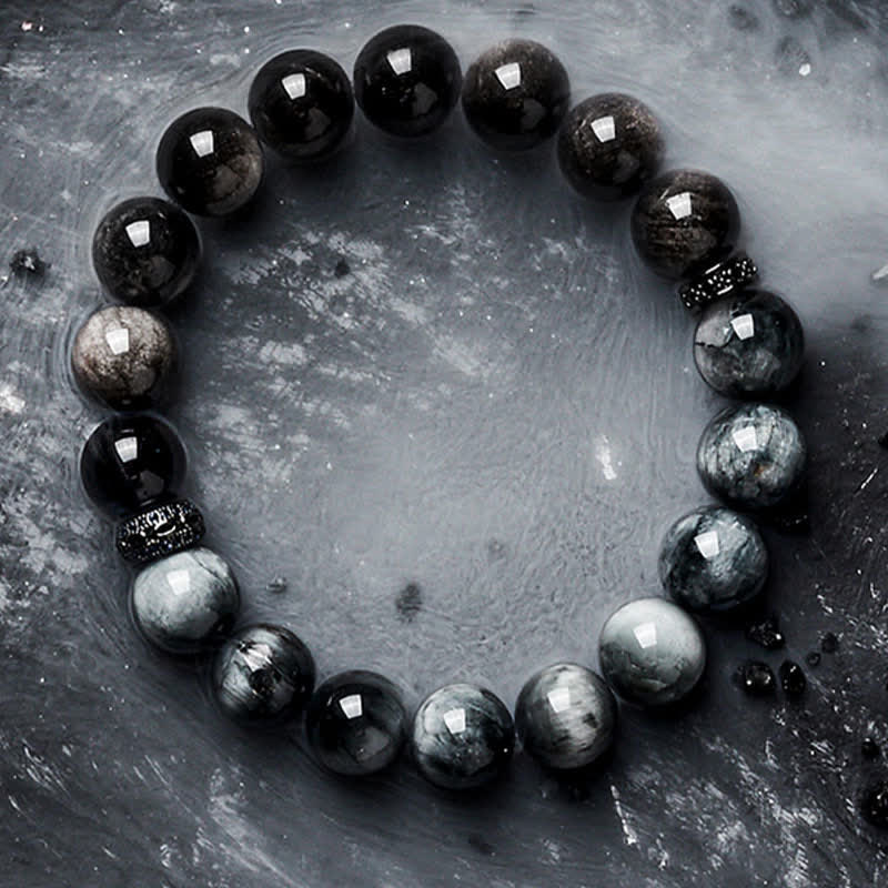 Olivenorma Hawk's Eye Quartz Silver Obsidian Beaded Bracelet