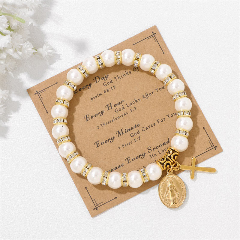 Olivenorma Christian Cross White Shell Bead Bracelet