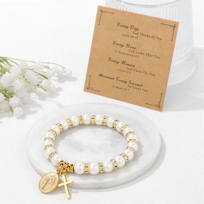 Olivenorma Christian Cross White Shell Bead Bracelet