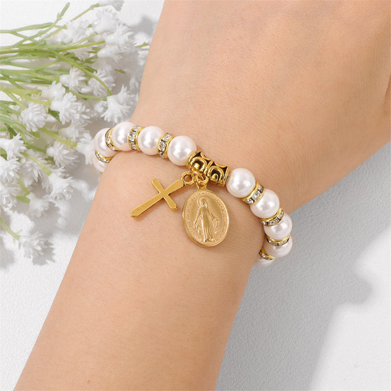 Olivenorma Christian Cross White Shell Bead Bracelet