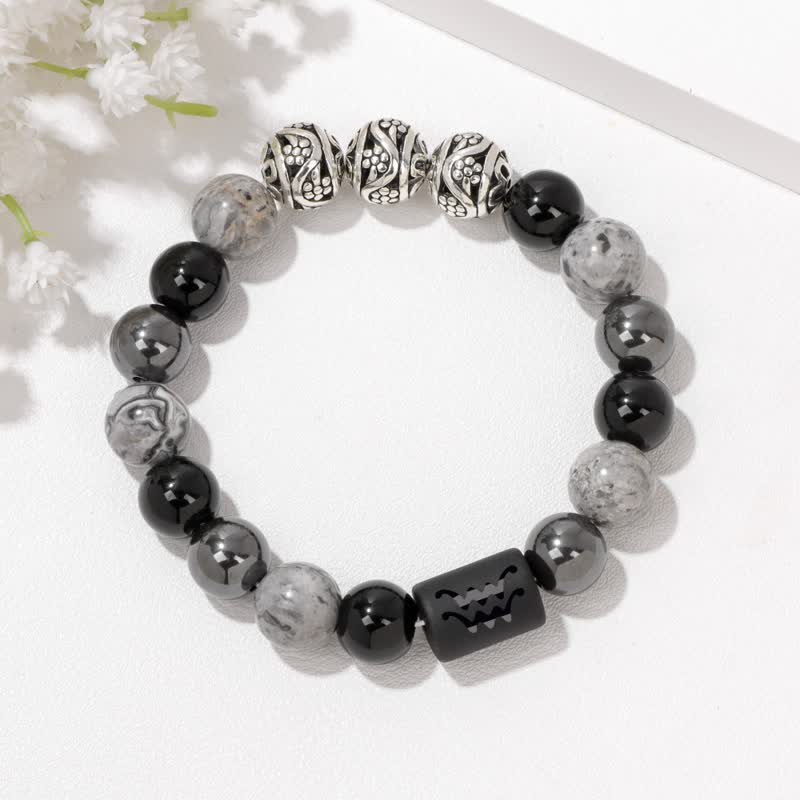 Olivenorma Obsidian Grey Jasper Hematite Beaded Zodiac Bracelet