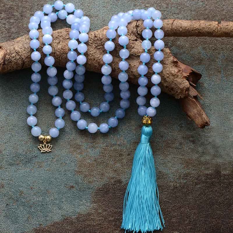 Olivenorma 108 Aquamarine Mala Beads Tassels Rosary Necklace