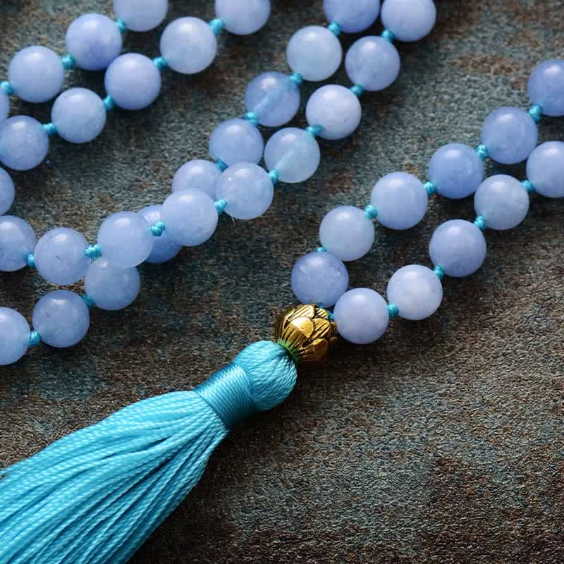 Olivenorma 108 Aquamarine Mala Beads Tassels Rosary Necklace