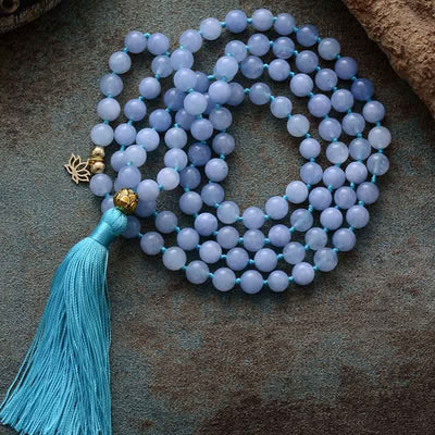 Olivenorma 108 Aquamarine Mala Beads Tassels Rosary Necklace