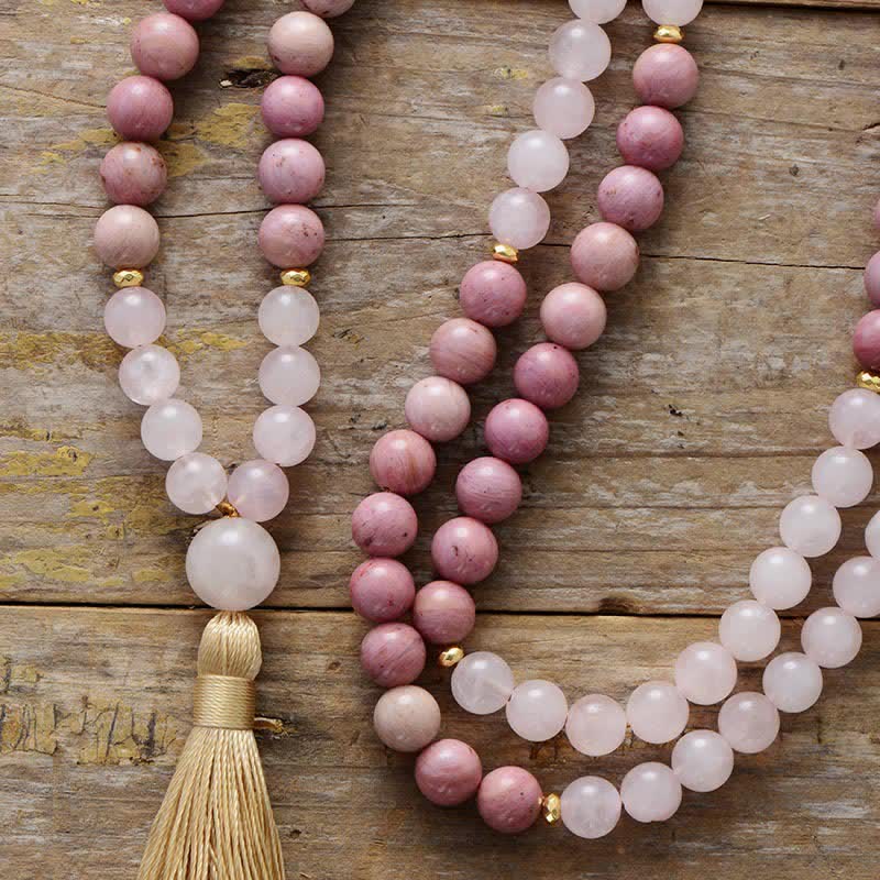 Olivenorma 108 Rhodonite Mala Beads Tassels Rosary Necklace