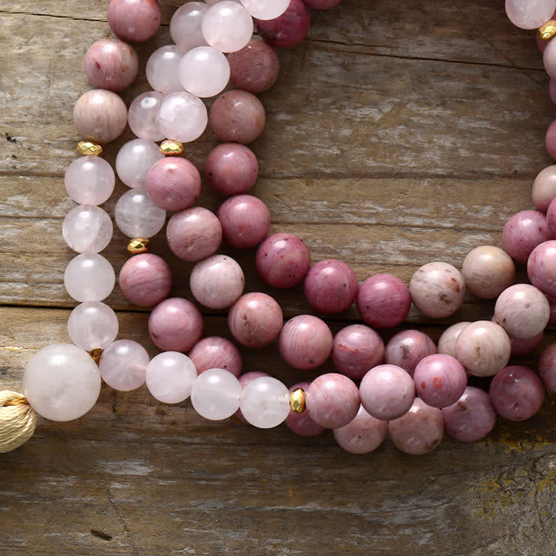 Olivenorma 108 Rhodonite Mala Beads Tassels Rosary Necklace