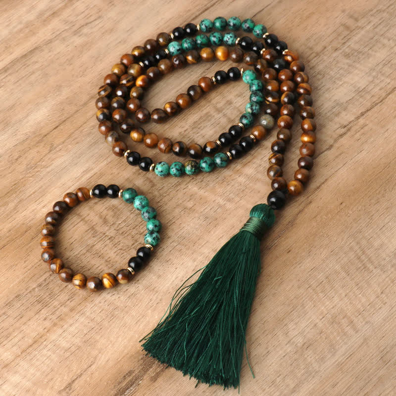 Olivenorma 108 Tiger Eye Mala Beads Tassel Bracelet Necklace