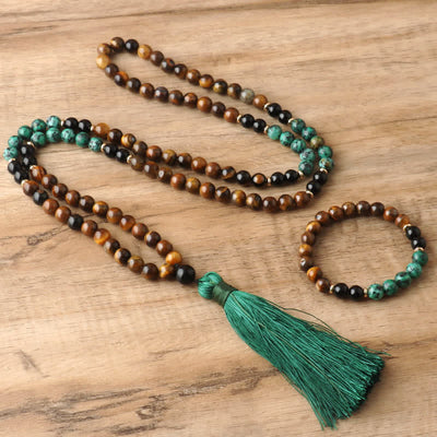 Olivenorma 108 Tiger Eye Mala Beads Tassel Bracelet Necklace