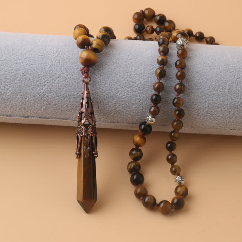 Olivenorma 108 Tiger Eye Mala Beads Pendulum Necklace