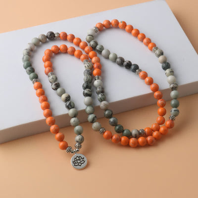 Olivenorma 108 Orange Emperor Stone Mala Beads Lotus Pendant Necklace